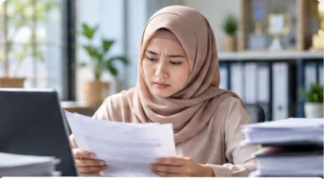 Staf tata usaha sekolah meninjau laporan dan dokumen keuangan