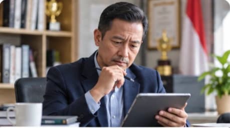 Kepala sekolah meninjau data menggunakan tablet di ruang kerja