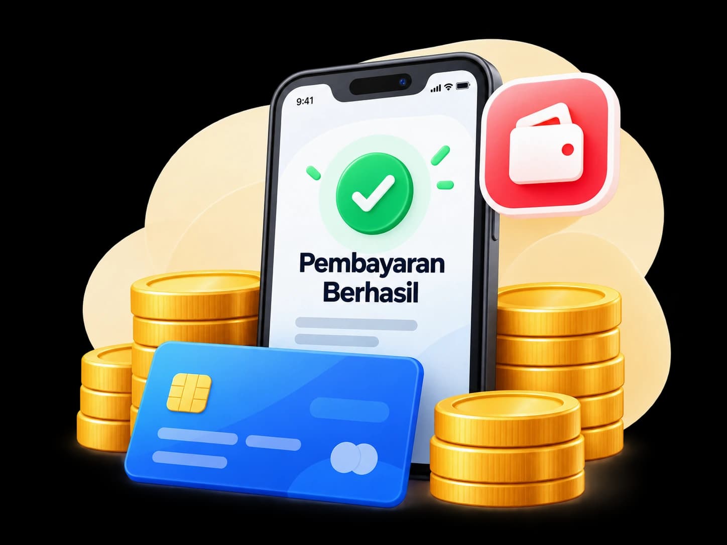 Ponsel dengan notifikasi berhasil, kartu bank, dan tumpukan koin
