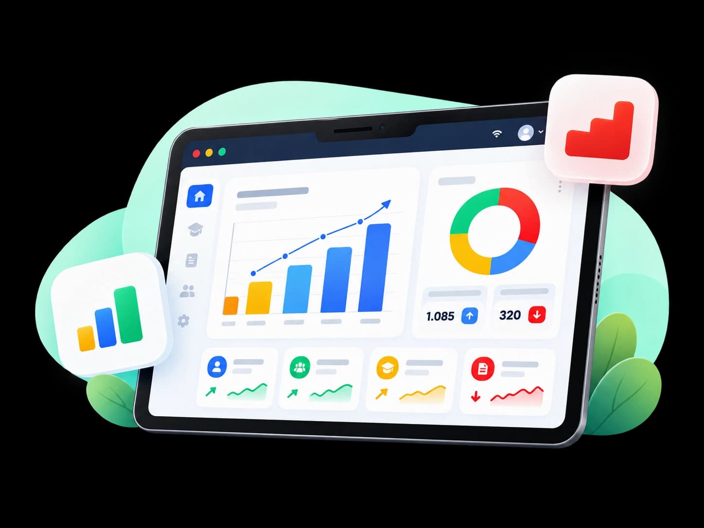 Tablet menampilkan grafik batang, diagram lingkaran, dan ringkasan data