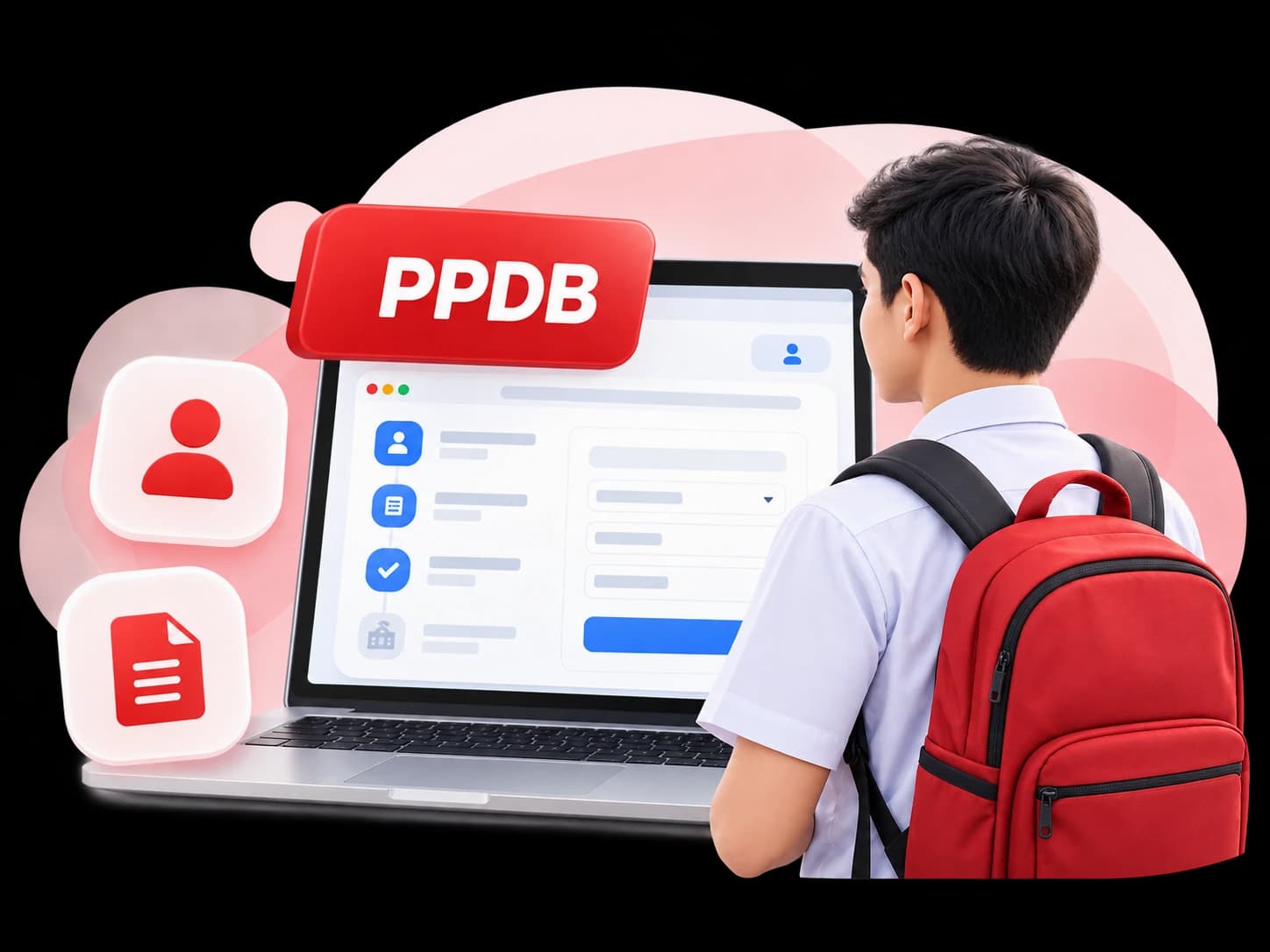 Calon siswa berransel merah mengisi formulir pendaftaran di laptop