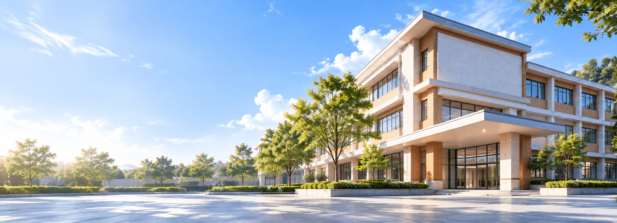 Gedung sekolah modern dengan taman hijau di bawah langit cerah