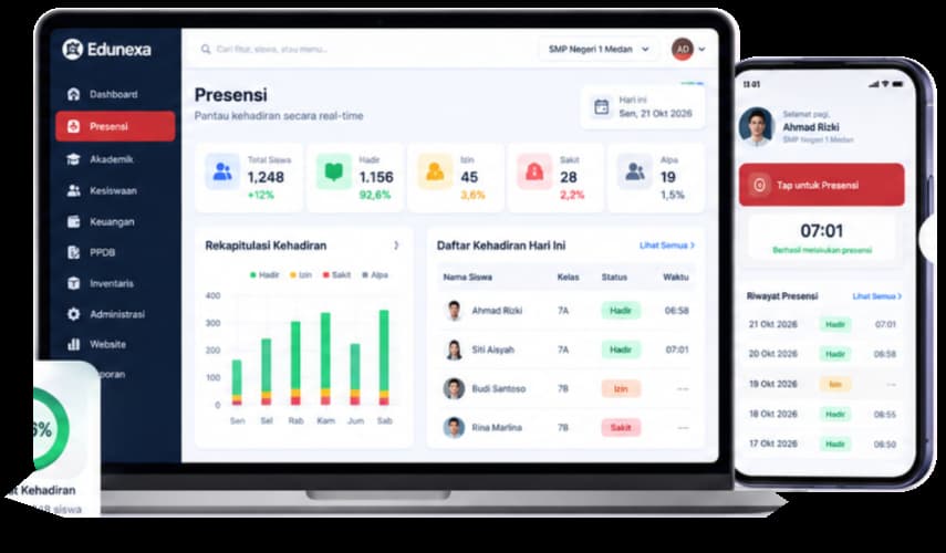 Tampilan dashboard Presensi Edunexa di laptop dan aplikasi presensi pada ponsel