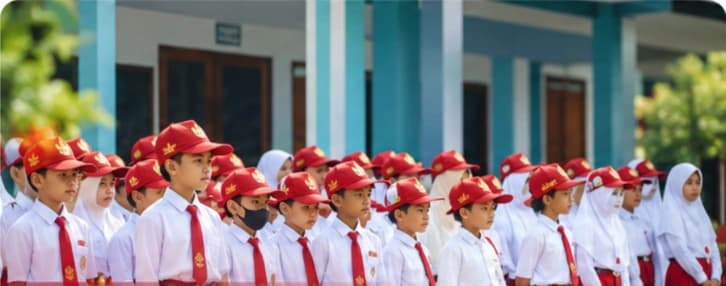 Ilustrasi umum murid sekolah dasar berseragam merah putih di halaman sekolah